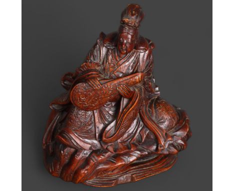 Chinese Wood Carving of Dhṛtarāṣṭra King of the east and God of music, 19th century, possibly earlier.Major deity in Buddhism