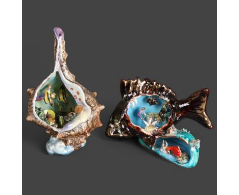 Natural History: Vallauris, French ceramic conch shell light fitting diorama, with under water scene, height 39cm, marked to 