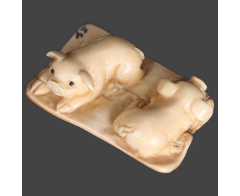 Netsuke: pair of Pigs, carved from Mammoth tusk ivory. Exquisitely carved from this ~15,000 year old material from the extinc