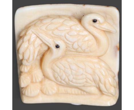 Netsuke : pair of Cranes, carved from Mammoth tusk ivory. Exquisitely carved from this ~15,000 year old material from the ext