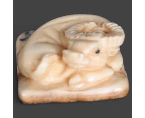 Netsuke: Water Buffalo, carved from Mammoth tusk ivory. Exquisitely carved from this ~15,000 year old material from the extin