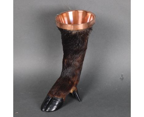 Taxidermy: Wild Boar Leg with copper dish top. An interesting piece of zoomorphic taxidermy. Possibly used as a spill vase or