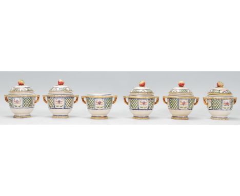 A collection of six early 20th Century French ceramic lidded pot / apple sauce / preserve jars each having finial handles to 