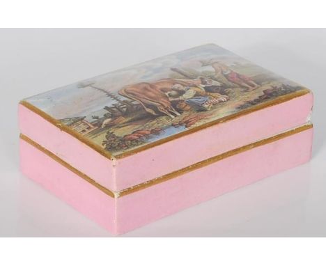 A 19th Century Victorian Pratt-ware lidded trinket dish of rectangular form, the lid decorated with a milking maid milking a 