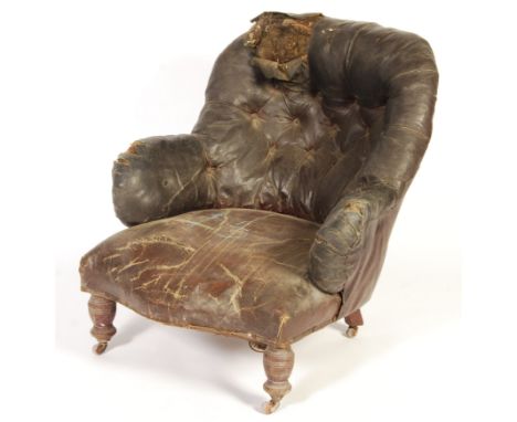 A 19th Century antique vintage Howard style faux leather button backed chair / armchair having rolled arms button backrest an