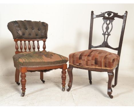 A 19th Century Victorian walnut framed nursing chair, button back backrest over galley turned spindles with embroidered overs