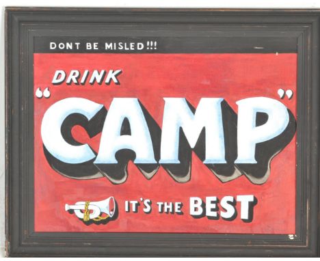 A contemporary artist's impression of a vintage enamel advertising sign on board for Camp. The sign reads 'Don't Be Misled!!!