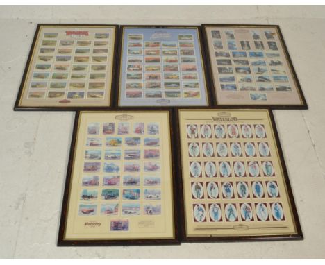 A group of five framed and glazed vintage&nbsp;Castella cigarette trade cards. The complete sets include In Search Of Steam, 