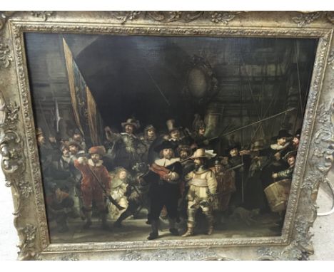 A gilt framed print of 17th Century figures about to enter or returning from battle, approx 74cm x 65cm.