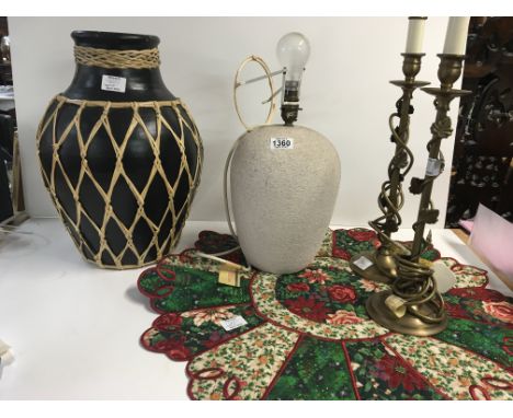 A Quality embroidered table centre cloth. a pair of brass lamps a vase and one other lamp. (a lot)