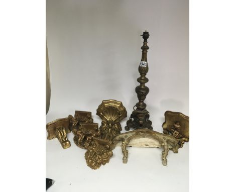 A Continental style brass lamp and a quantity of plaster and painted wall brackets. (a lot)