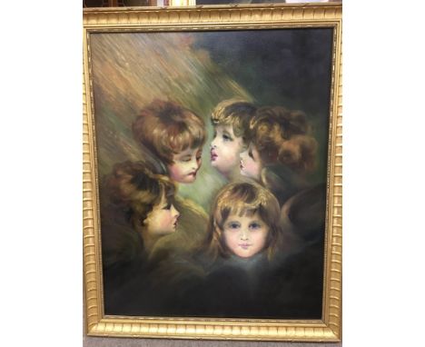 A gilt framed oil on canvas multiple portrait of five children, approx 70cm x 85cm.