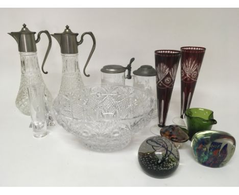 A collection of glass including a Caithness paperweight other paperweights a large cut glass bowl acid etched tankards a pair