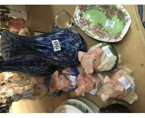 A set of NatWest ceramic pigs a pair of blue art glass vases two glass globes and other oddments (a lot)