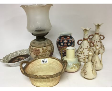 A Royal Worcester Porcelain basket pair of Worcester vases and other ceramics oil lamp damaged (a lot)