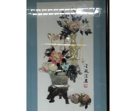 A late Republic Chinese three dimensional picture with raised mother of pearl and polished stones. 45x85 cm approximately.