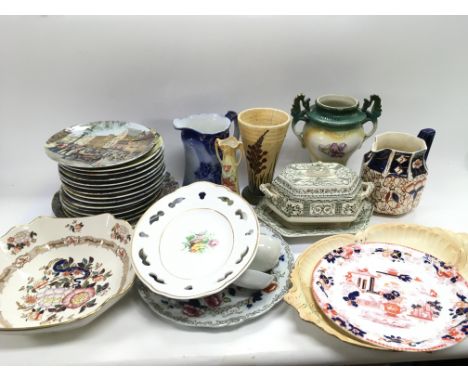 Two boxes containing a collection of ceramic items including a Crown Devin dish, Davenport collector's plates and other items