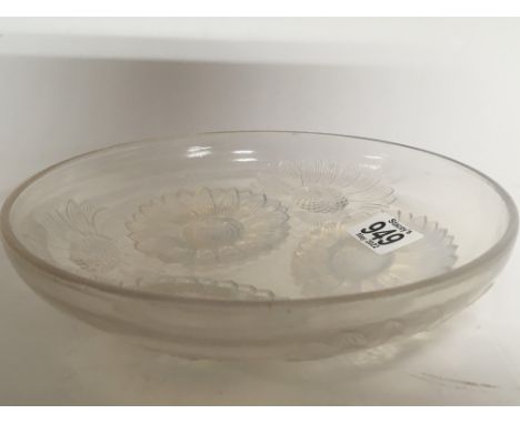 An R Lalique opalescent glass dish with sunflowers. 22cm wide