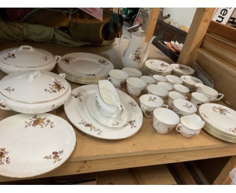 A royal Worcester tea and dinner service set in a brown and gold fruit and leaf autumnal pattern. Mostly undamaged, small ins