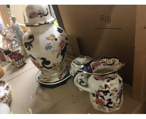 A Masons ironstone lamp a jug and a hexagonal jar and cover (3)