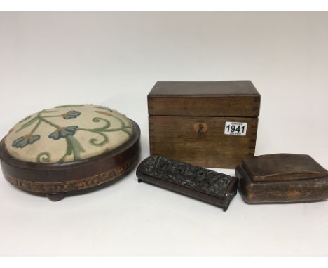 A Two section Victorian mahogany tea caddy Victorian foot stool a Chinese resin box and one other box (4)