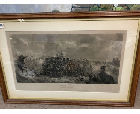'Quatre Bras' a framed black and white print 92 x 16cm, of a Napoleonic battle scene after a painting by Lady Butler. 92 x61c