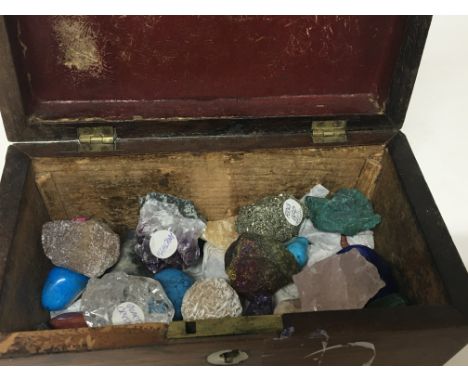 A Victorian rosewood tea caddy containing a good collection of named gemstones and crystals (a lot)