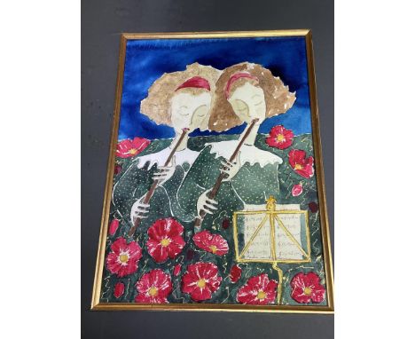 An ink and watercolour composition of two ladies playing musical instruments signed Indistinctly by artist. Measuring 51.5cm 