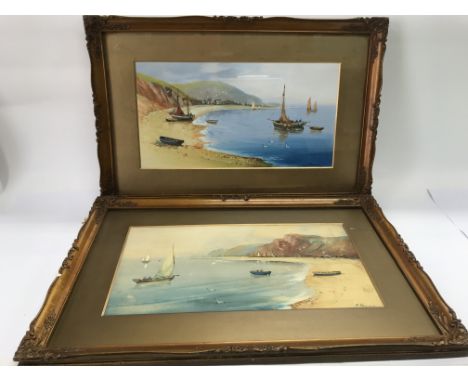Two gilt framed watercolours of harbour side scenes by R Raynard, approx 52cm x 35cm.