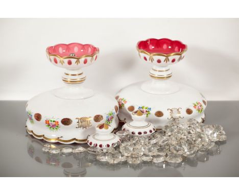 PAIR BOHEMIAN OVERLAID GLASS CEILING LUSTRES with gilt and enamel floral sprays, 20cm diam.