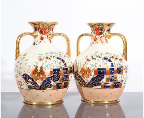 PAIR OF VICTORIAN IMARI 'CHINESE FENCE' PATTERN VASES maker unknown, 25cm high  