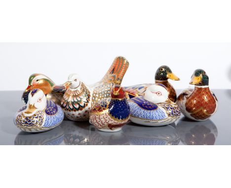 COLLECTION OF SEVEN ROYAL CROWN DERBY BIRDS comprising two pairs of ducks, a mandarin duck, quail and doves, largest 9cm high