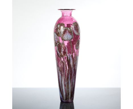 JONATHAN HARRIS CONTEMPORARY CAMEO GLASS VASE  of shouldered ovoid form cased in silver and opal over a deep cranberry ground