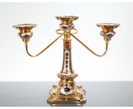 ROYAL CROWN DERBY IMARI CANDLEABRUM with three sconces and on square base, 29cm high 