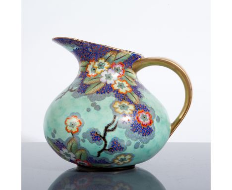 CROWN DEVON FIELDINGS ENAMEL JUG with oriental lowers on a mottled blue ground, 17cm high  