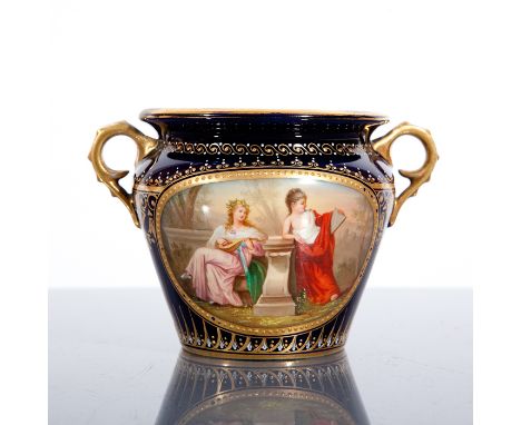 LATE 19TH CENTURY VIENNA GILT PORCELAIN VASE with two scroll handles and reserve painted with allegory of Art and Music, sign