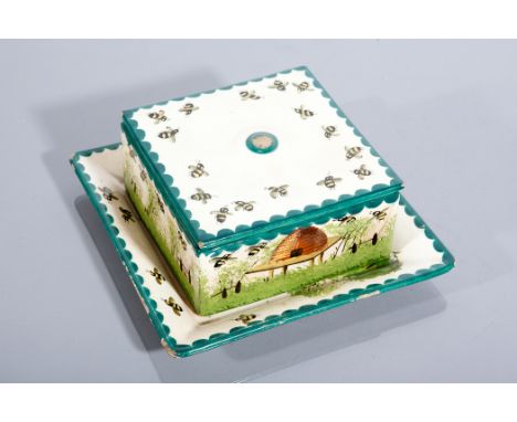 WEMYSS HONEY BOX  with bees and skips within dentil border, on a square try, impressed crescent mark, lacking finial and crac