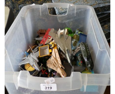 A Box Containing Various Diecast Toys, Cowboy and Army Figures, Dominoes, Aircraft, Tank etc