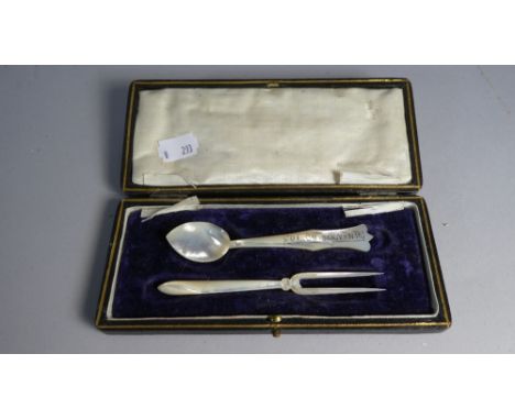 A Cased Souvenir Mother of Pearl Fork and Spoon Set 