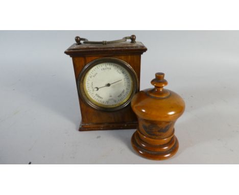 A Mauchline Ware Crown Cased Shot Glass, Summit of Snowdon Together with a Small Desktop Walnut Cast Aneroid Barometer 
