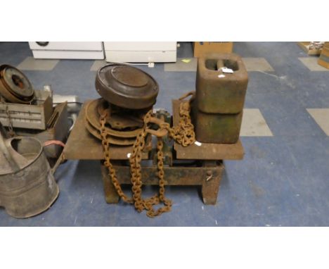 A Vintage Metal Sack Scale with 2x56lbs Weights Together with a Yale Spur Geared Pulley Block