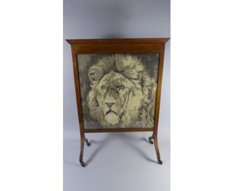 An Edwardian Inlaid Mahogany Fire Screen with Tapestry Lion Decoration, 54cm Wide 