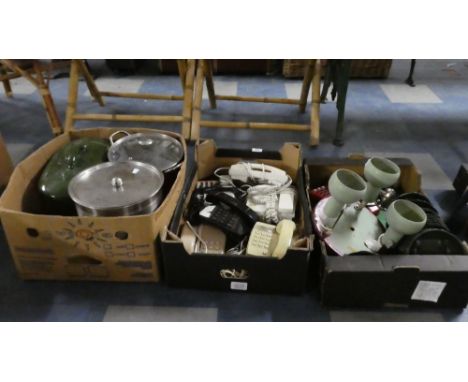 Three Boxes Containing Seven Vintage Phones, Vintage Three Branch Ceiling Light Fitting, Pair of Taps and Kitchen Wares etc