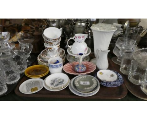 A Tray of Ceramics to Include Coalport Mask Head Jug, Wedgwood Jasperware, Royal Worcester, Coalport Revelry, Wedgwood Vase e