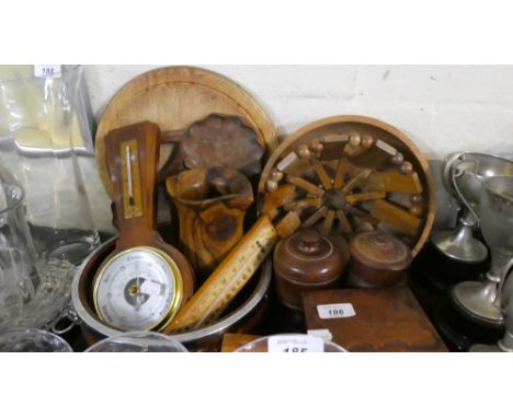 A Tray of Treenware to Include Oak Fruit Bowl, Storage Pots, Boxes, Wheel Barometer, Bread Board etc