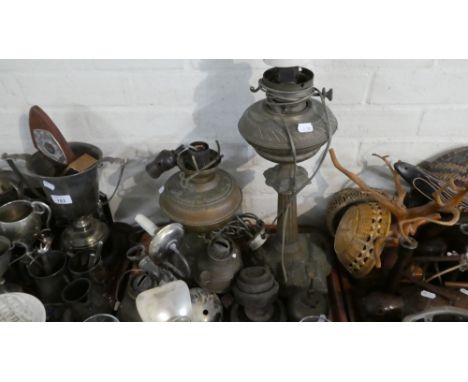 A Tray Containing 19th Century Brass and Copper Oil Lamps, Kitchen Scale Weights, Wall Mounting Light Fitting etc