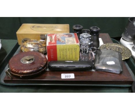 A Tray of Sundries to Include Micrometer Screw, Plated Hip Flask, Binoculars, Tape Measure, Risque Print etc