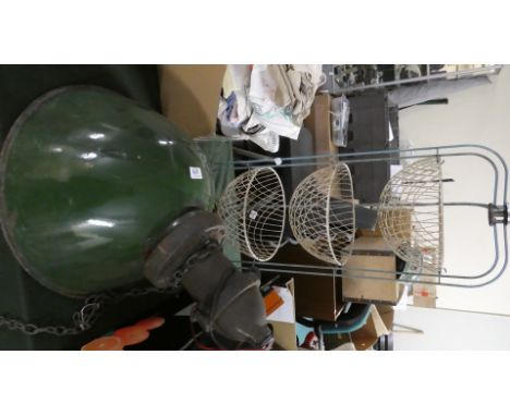 a Vintage Enamelled Industrial Light Fitting and a Wire Three Tier Vegetable Stand by Happymaid 