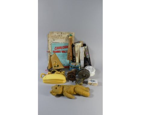 A Tray of Sundries to Include War Department WWI Brass Type 3A Compass, Teddy Bear, Fly Fishing Reels, Sheet Music, Mid 20th 