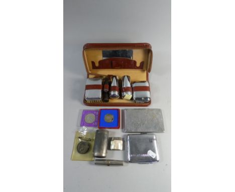 A Tray Containing Mother of Pearl Mounted Ladies Cigarette Lighter, Gents Travelling Case, Crown and Coronation Medallions 